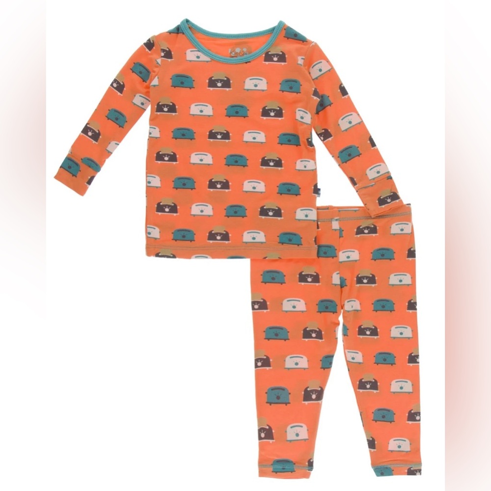 Kickee Pants long sleeve pajama set in nectarine toasters, size 4T